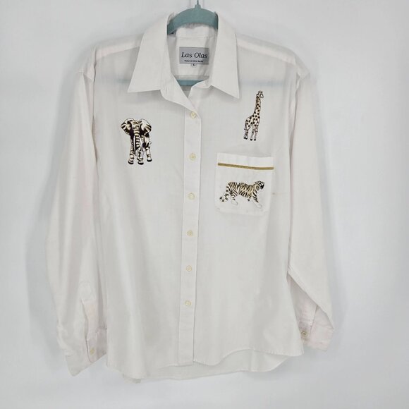 Las olas mens large white elephant tiger giraffe embroidered patchwork button up - Picture 11 of 11